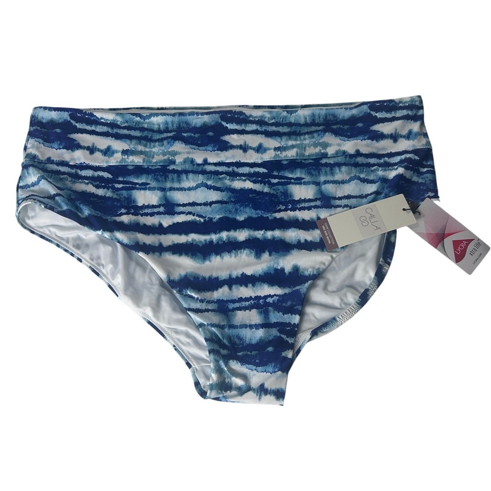Calia Women Bikini Bottom Size 2X Wide Band Watercolor Stripe Blue Swimsuite NWT